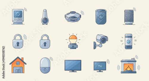 Collection of smart home devices and icons, including security, lighting, and appliances