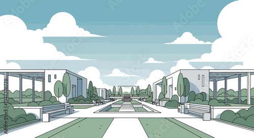 Symmetrical modern architecture with manicured gardens, reflecting pools, and pathways