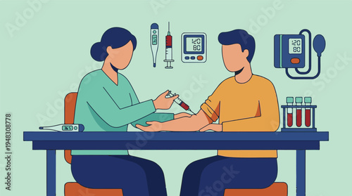 Medical Check-up with Blood Test, Blood Pressure, and Temperature Monitoring