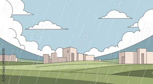 Buildings on green hills under a cloudy, rainy sky