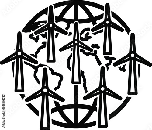Wind turbines on globe, sustainable energy