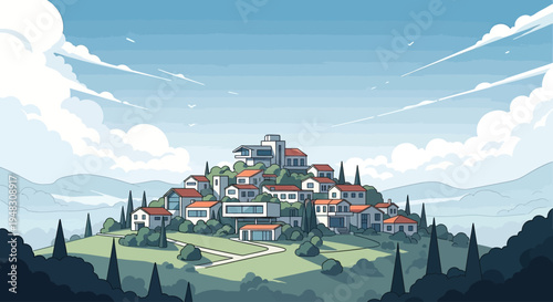 Artistic aerial view of modern houses on a lush hill, under a cloudy sky