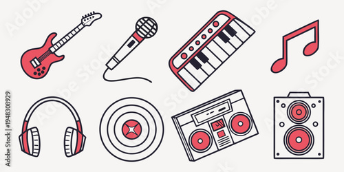 a collection of music equipment and symbols Vector