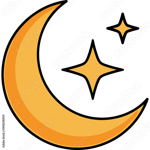 A crescent moon shines with two stars in the night sky