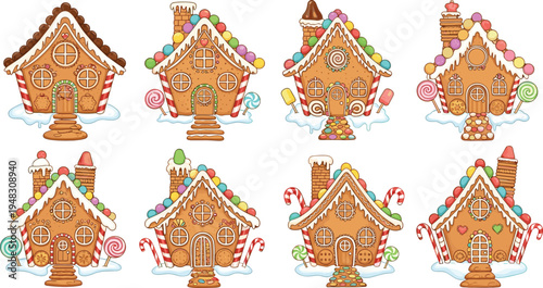Christmas Gingerbread House Cartoon Vector Illustration Set with Candy Decorations, Lollipop, Cookies, Icing Snow and Festive Holiday Dessert Homes