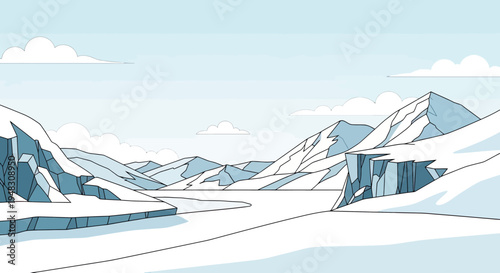 Ice-covered mountains and frozen lake under a cloudy sky