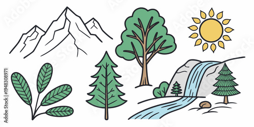 a scenic landscape with mountains trees and a waterfall Vector