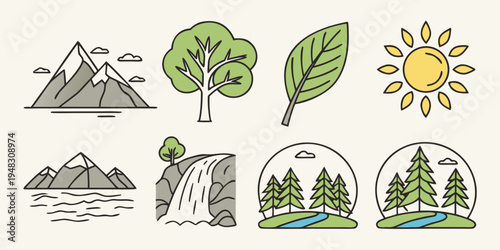 a set of nature icons including mountains trees leaves and sun Vector