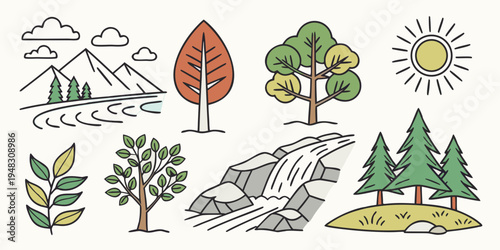 a set of nature icons including trees and landscapes Vector