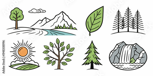 a set of nature icons including trees and landscapes Vector