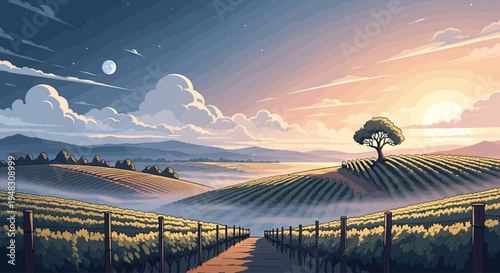 Serene vineyard landscape with a lone tree at dawn or dusk
