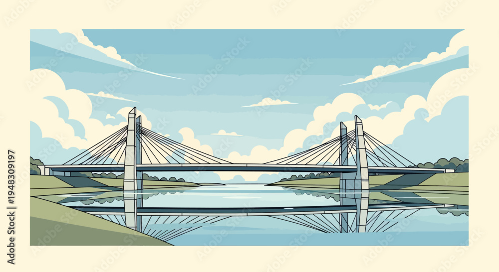Fototapeta premium Modern cable-stayed bridge over tranquil water with sky reflections