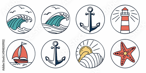 a set of nautical icons including sea creatures and anchors Vector