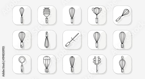 A collection of various whisk and kitchen utensil line art icons