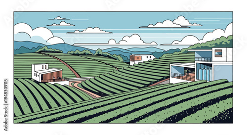 Green terraced fields meet modern architecture under a cloudy blue sky