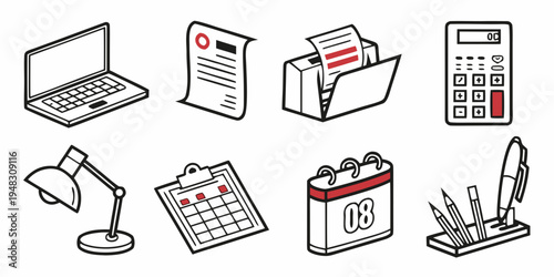 a collection of office supplies and electronics Vector