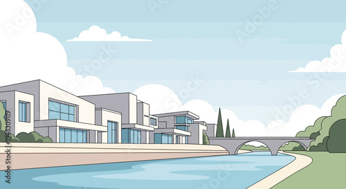 Modern residences line a calm blue river with a scenic arched bridge in the background