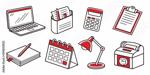 a collection of office supplies and equipment Vector