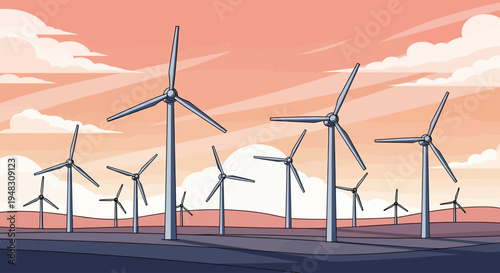 A stylized landscape showcases numerous wind turbines under a pink-hued, cloudy sky