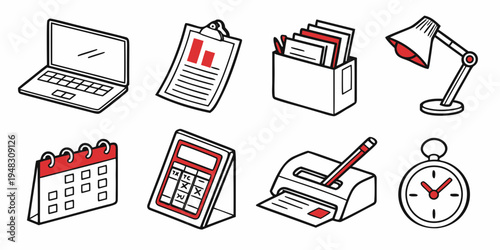 a collection of office supplies and gadgets Vector