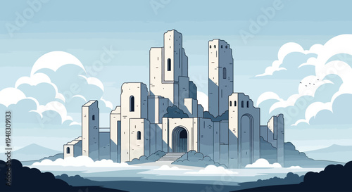 Ruined stone castle on misty mountains above clouds