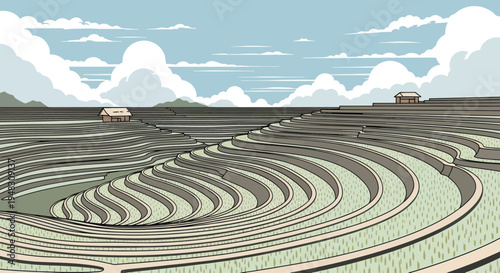 Lush, layered fields cascade down a mountainside under a cloudy sky