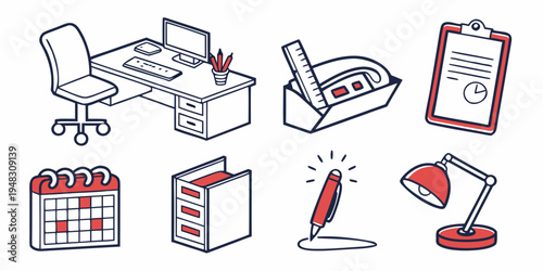 a collection of office supplies and furniture Vector