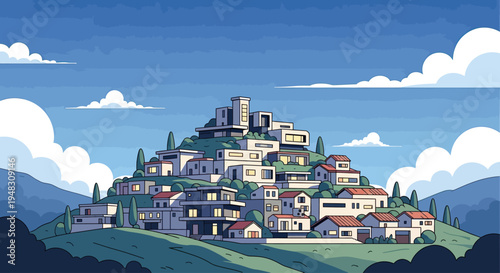 A village of modern houses nestled on a green hillside under a blue sky