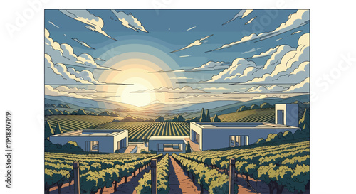 Vast vineyard at sunset with modern architecture and scenic hills
