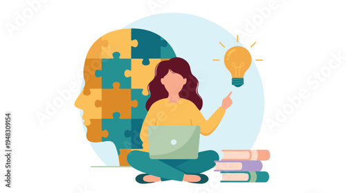 Creative Thinking and Learning: Woman with Laptop, Idea and Puzzle Mind