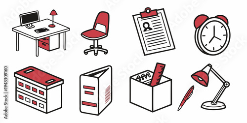 a collection of office supplies and furniture icons Vector