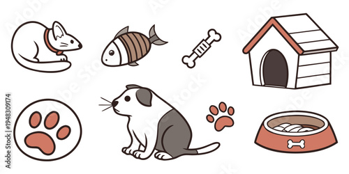 a collection of cartoon dog items and a dog Vector