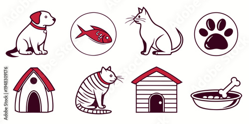 collection of pet icons including dog and cat Vector