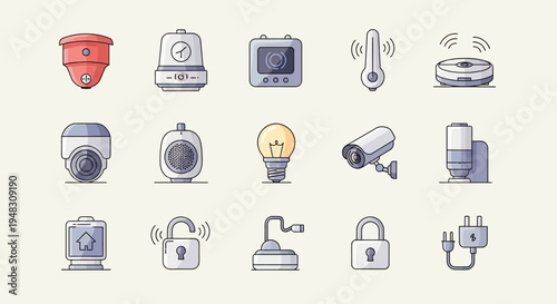 Collection of smart home icons cameras, sensors, locks, and appliances