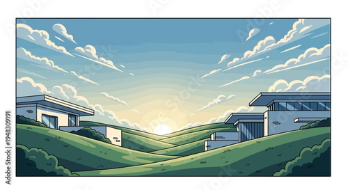 Modern houses nestled in rolling green hills at sunrise with scattered clouds