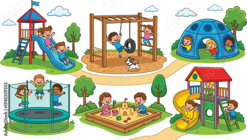 Kids playground activities cartoon set, children playing slide trampoline sandbox climbing dome fun park vector illustration collection