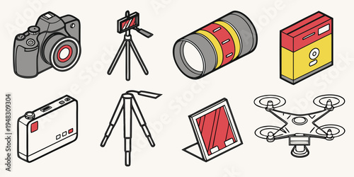 a collection of photography and filming equipment Vector