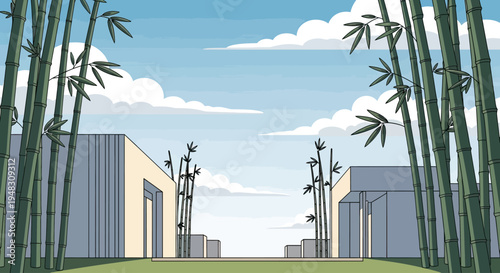 Tall bamboo stalks frame a serene courtyard with minimalist architecture under a cloudy sky