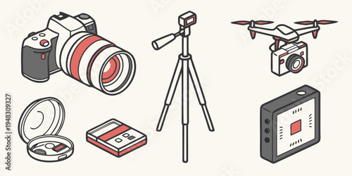 a collection of photography equipment and gadgets Vector