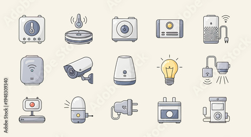 Assorted smart home devices depicted in a clean, illustrative style