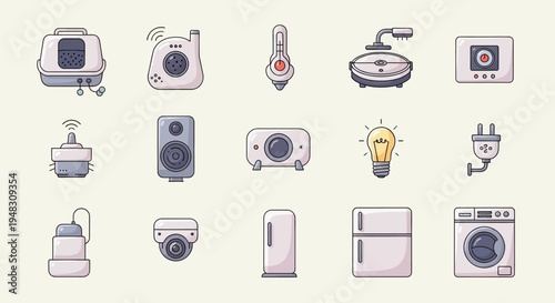 Various home appliances and gadgets, including security, kitchen, and cleaning devices