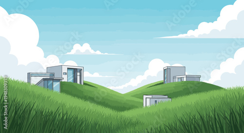 Modern minimalist homes dot rolling green hills under a cloudy sky