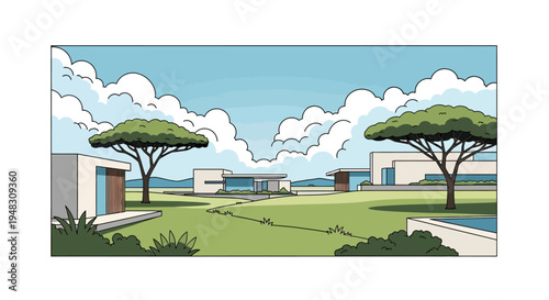 Modern buildings amidst a lush green landscape with scattered trees and clouds