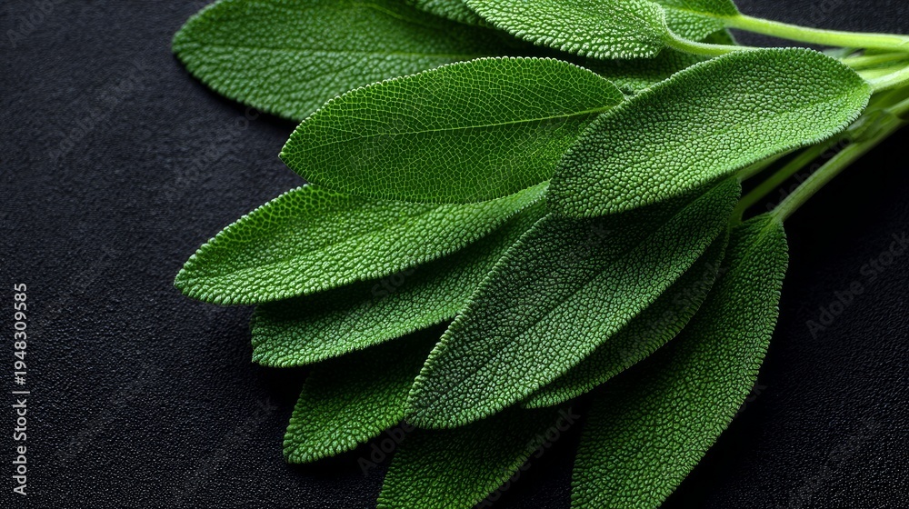 Obraz premium Sage leaves, green and close up, rest on a dark background.