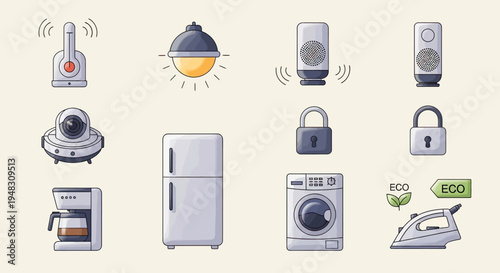Flat illustration of various household appliances and smart devices