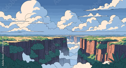 Vast canyon with towering cliffs, lush vegetation, and a distant waterfall under cloudy skies