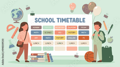 School Timetable Illustration with Students and Educational Supplies
