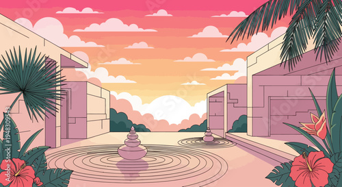 Serene architectural courtyard with stacked stones and tropical flowers at sunset