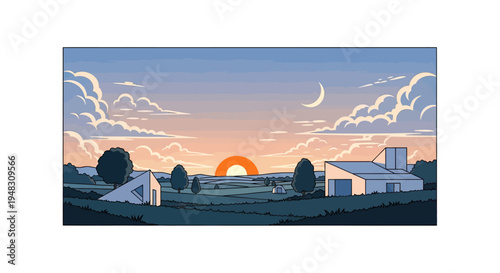 Sunset over rolling hills with modern structures and a crescent moon