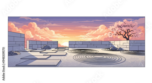 Serene Japanese garden with stone walls and blooming cherry tree at sunset
